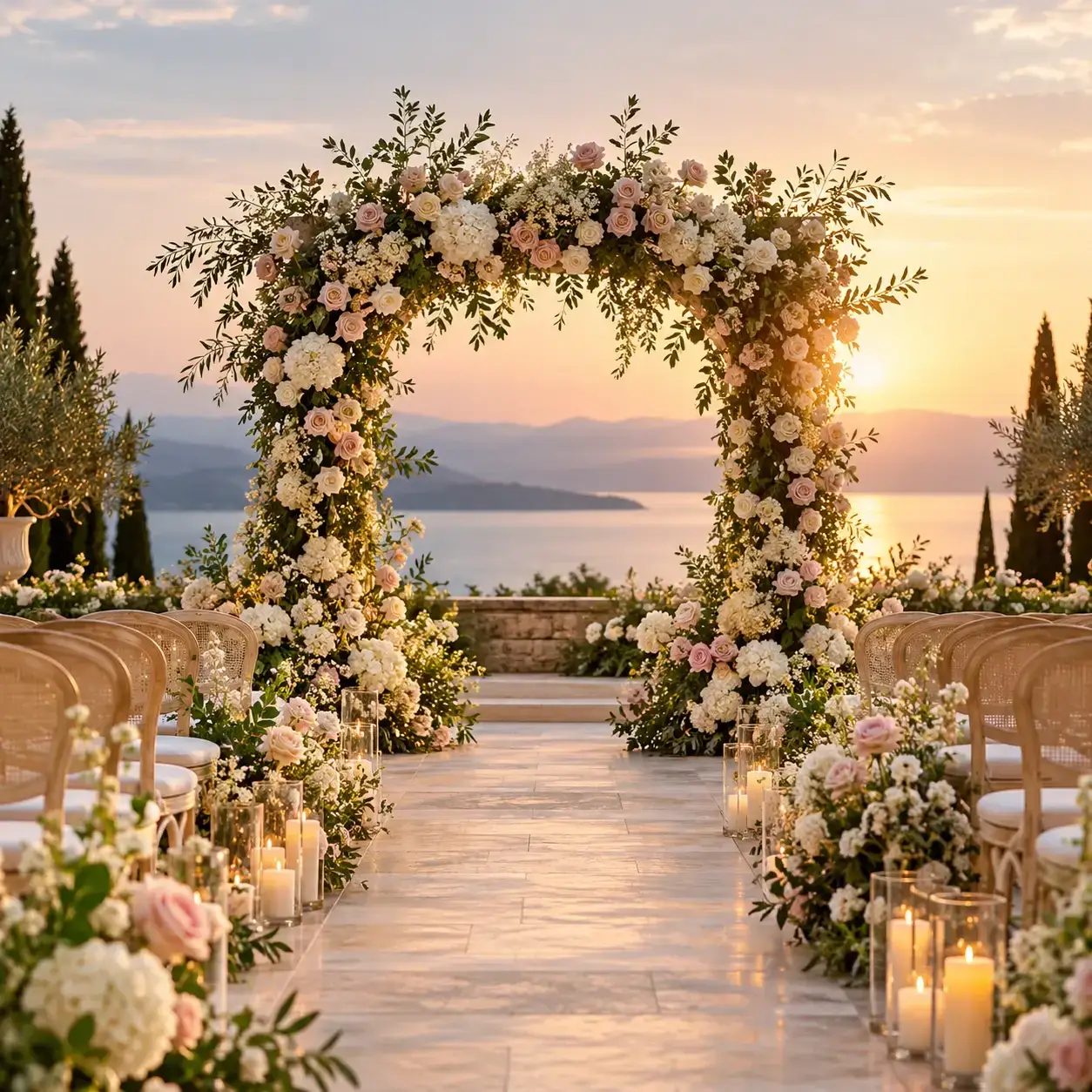 Decoração floral para casamento ao pôr do sol